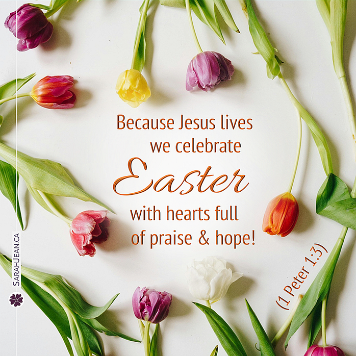 Free SarahJean Easter eCard with a Christian message entitled 'Celebrate Easter'. Image of many coloured mini tulips scattered in a circle around the text of ecard.
