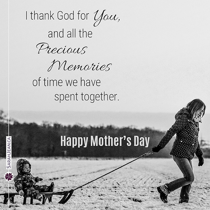 Free SarahJean Mother's Day eCard with a Christian message entitled 'Precious Memories'. Image of a mom pulling a child on a sled.