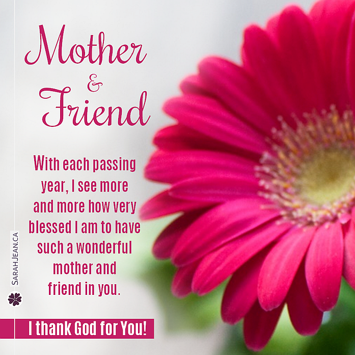 Free SarahJean Mother's Day eCard with a Christian message entitled 'Mother & Friend'. Image of large pink flower.