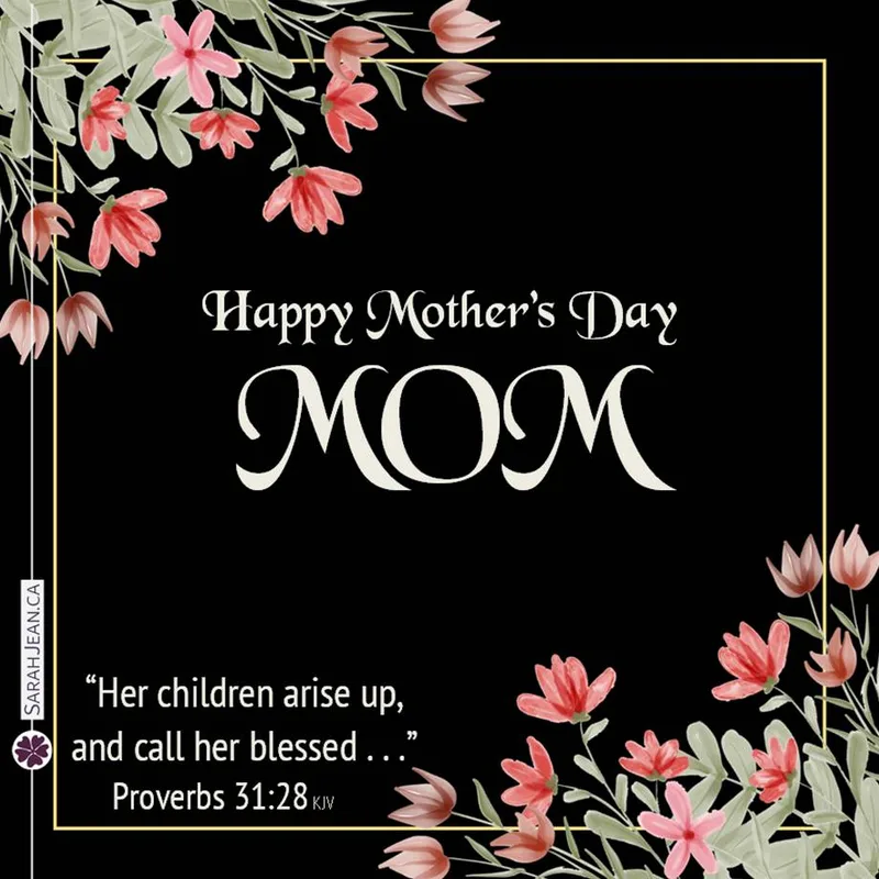 Free SarahJean Mother's Day eCard with a Christian message entitled 'Blessed'. Image of pink flowers on upper left and lower right corners on dark background.