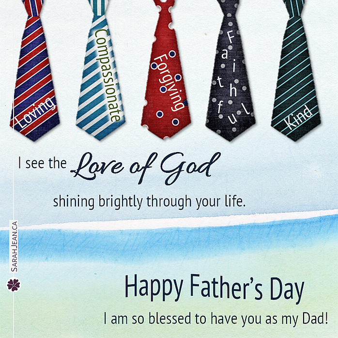 Free SarahJean Father's Day eCard with a Christian message entitled 'Love of God'. Image of ties in a row with words of the Fruit of the Spirit.