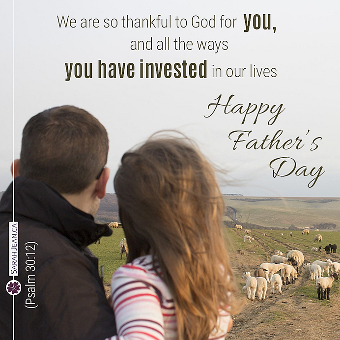 Free SarahJean Father's Day eCard with a Christian message entitled 'Invested'. Image of dad holding daughter looking at sheep in a field.