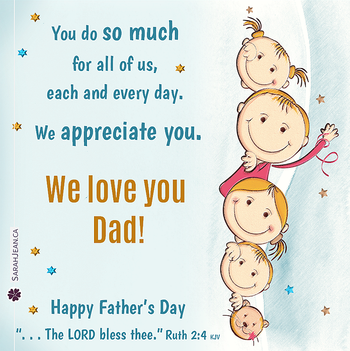 Free SarahJean Father's Day eCard with a Christian message entitled 'We Appreciate You'.  Image of cute cartoon children peaking around a corner.
