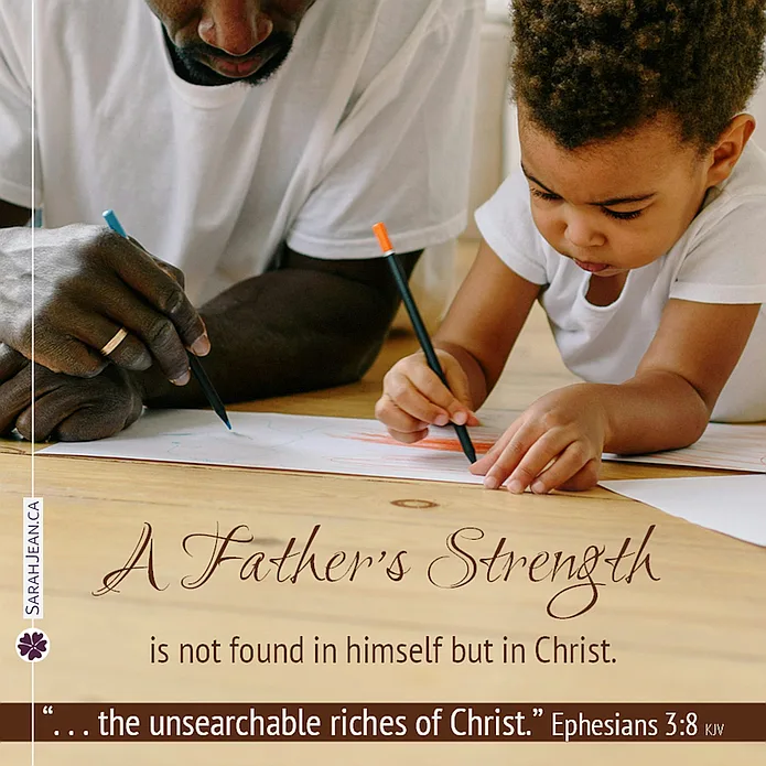Free SarahJean Father's Day eCard with a Christian message entitled 'A Father's Strength'. Image of a father and son laying on the floor while drawing on papers.