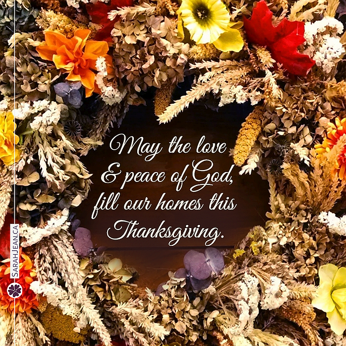 Free SarahJean Thanksgiving eCard with a Christian message entitled 'Love & Peace'. Image of Thanksgiving theme wreath.