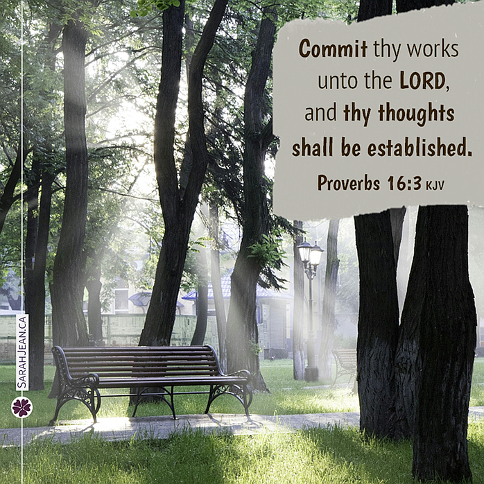 Free Scripture eCard with the message of Proverbs 16:3 with the image of a bench in trees with sun rays shinning down.