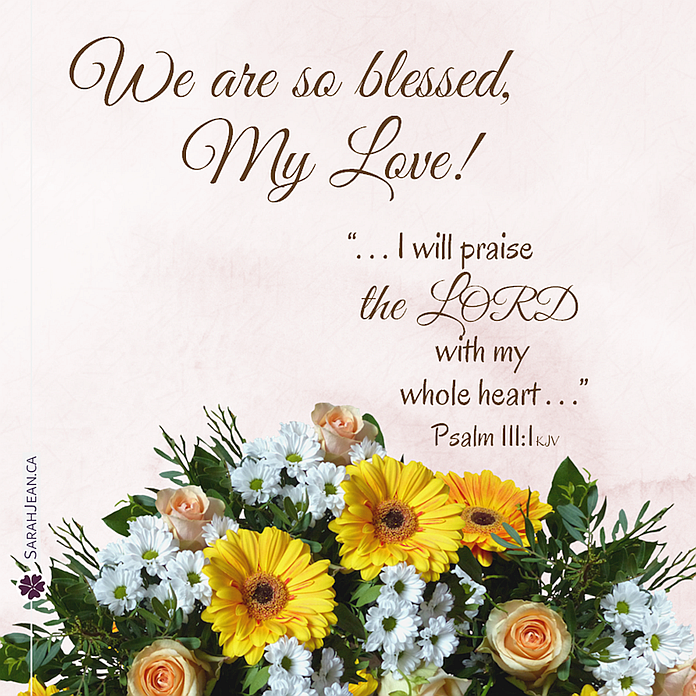 Free SarahJean Love Note eCard with a Christian message entitled 'So Blessed'. Image of a yellow and white bouquet.