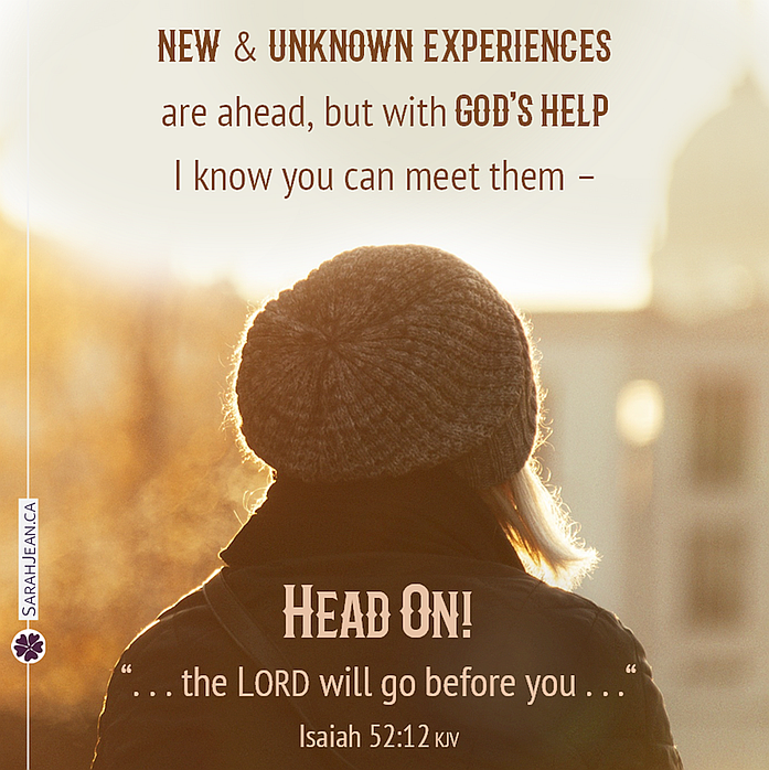 Free SarahJean Difficult Times eCard with a Christian message entitled 'Head On'. Image of back view of woman with winter hat looking from a distance at a city street.