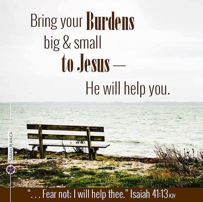 Free SarahJean Difficult Times eCard with a Christian message entitled 'He Will Help You'. Image of a wooden bench set on a hill overlooking water.