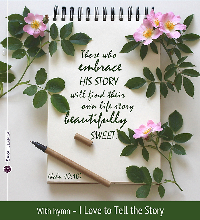 Free SarahJean Songs of the Soul eCard with a Christian message entitled 'His Story'. Image of pink flowers and leaves scattered on note pad.