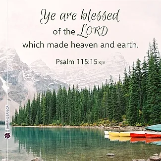 Scripture eCard titled, 'You are Blessed' with Psalm 115:15. Image of canoes at lake with trees and mountains behind.