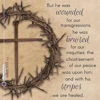Scripture eCard titled 'He was Wounded' with Isaiah 53:5. Image of a crown of thorns and two large nails.