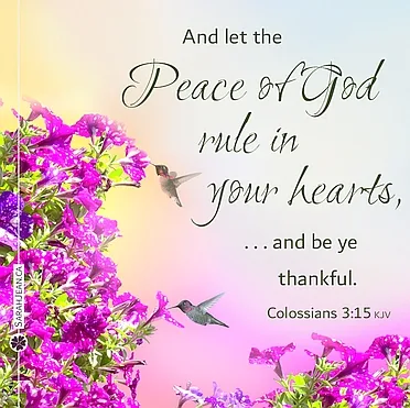 Scripture eCard entitled 'Peace Of God' with Colossians 3:15. Image of humming birds with pink flowers.
